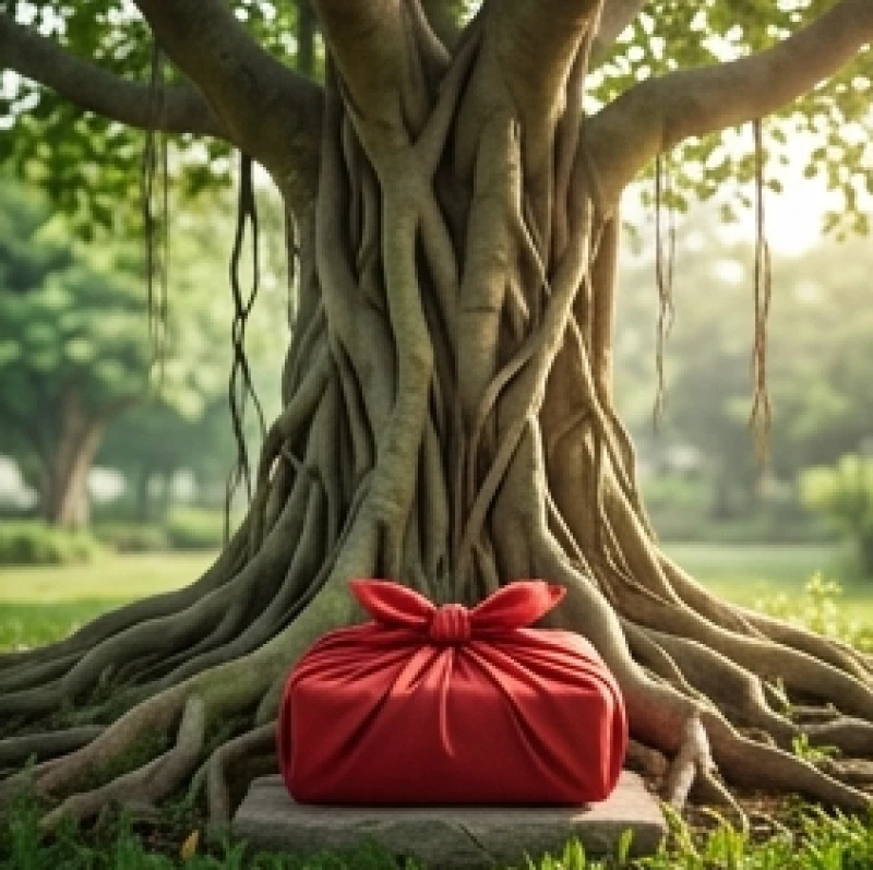 Gói vải đỏ chứa tro nhang và mảnh vỡ gốm sứ được đặt cẩn thận gần gốc cây cổ thụ lớn trong không gian thanh tịnh