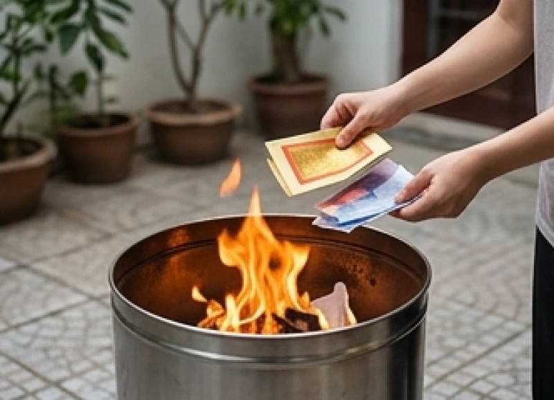 Văn khấn đốt quần áo cho người mất: Đúng nghi thức theo từng dịp 10 Đồ mã được thả nhẹ nhàng từng món vào lư đang cháy rực để lửa bén đều và không sinh ra nhiều khói đen
