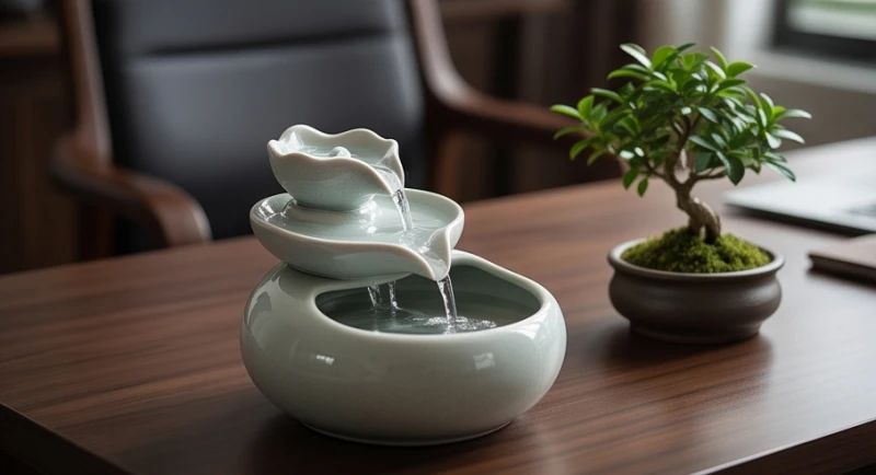 Thác nước phong thủy mini bằng gốm sứ tinh xảo được đặt hài hòa bên góc bàn làm việc gỗ
