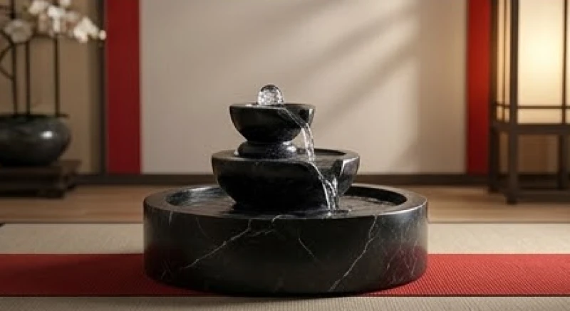 Một góc tĩnh lặng với vật phẩm phong thủy đá đen và dòng nước nhỏ róc rách giúp cân bằng lại năng lượng Hỏa vượng