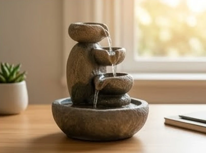 Thác nước phong thủy mini bằng đá tự nhiên trên bàn làm việc giúp kích hoạt luân chuyển thủy khí
