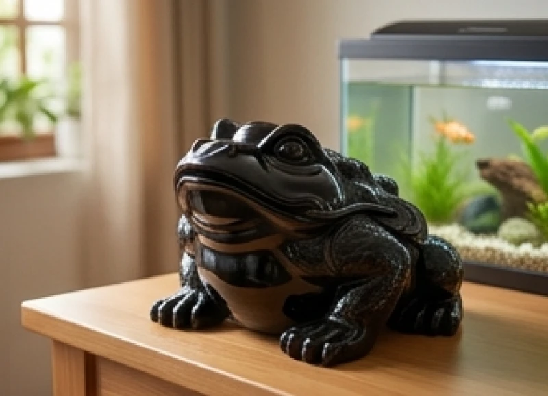 Tượng thiềm thừ bằng đá thạch anh đen nguyên khối bóng bẩy đẹp mắt đặt trên bàn.