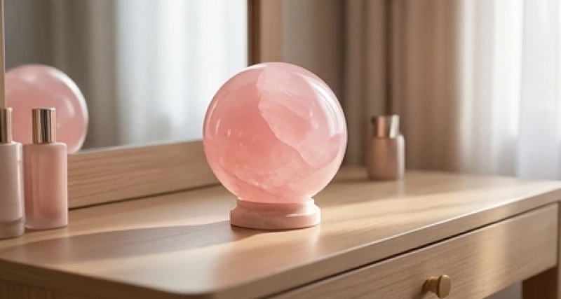 Khối đá thạch anh hồng rực rỡ được đặt trang trọng trên bàn phấn giúp thu hút nhân duyên
