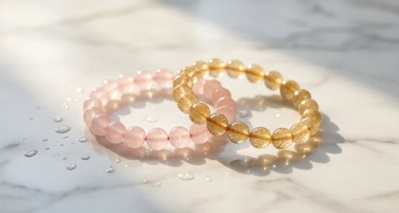 Cách thu hút tài lộc cho người tuổi Mùi: cẩm nang ngũ hành 4 Vòng tay Thạch Anh Hồng và Thạch Anh Tóc Vàng lấp lánh dưới ánh nắng ban mai sau khi được thanh tẩy