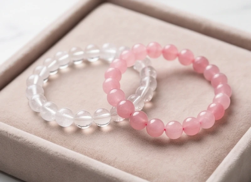 Sự đối lập rực rỡ giữa chuỗi thạch anh trắng lạnh lùng và viên thạch anh hồng ấm áp