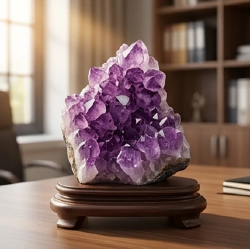 Tuổi Sửu Sinh Năm Bao Nhiêu: Bảng Tra Tuổi Mụ Và Ngũ Hành 5 Tinh thể đá thạch anh tím rực rỡ được bài trí tại góc làm việc giúp hóa giải rủi ro phong thủy