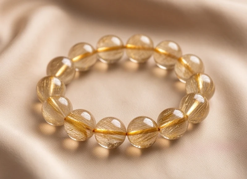 Vòng tay đá thạch anh tóc vàng rực rỡ với các sợi rutilate kim loại phản chiếu ánh sáng tự nhiên