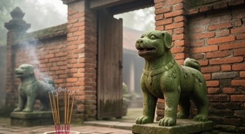 Ý nghĩa con chó trong văn hóa phong thủy: Quy tắc trấn trạch 2 Tượng Thạch Cẩu bằng đá xanh mộc mạc được thờ cúng trước cổng làng cổ kính tại Việt Nam
