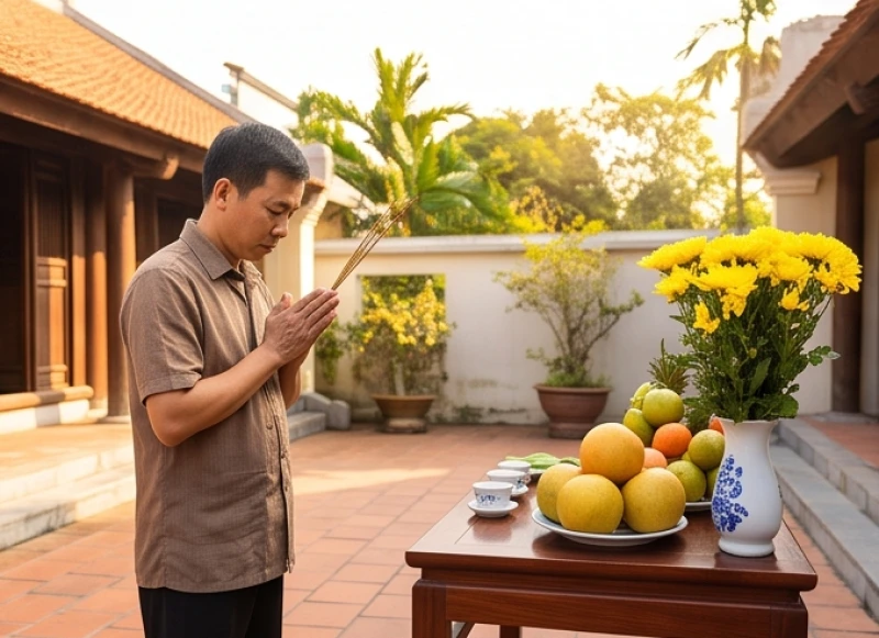 Văn khấn thần linh ngoài trời: Hướng bàn cúng và bài khấn chuẩn 8 Sự trang nghiêm và tĩnh lặng bao trùm không gian khi gia chủ thành tâm đọc văn khấn
