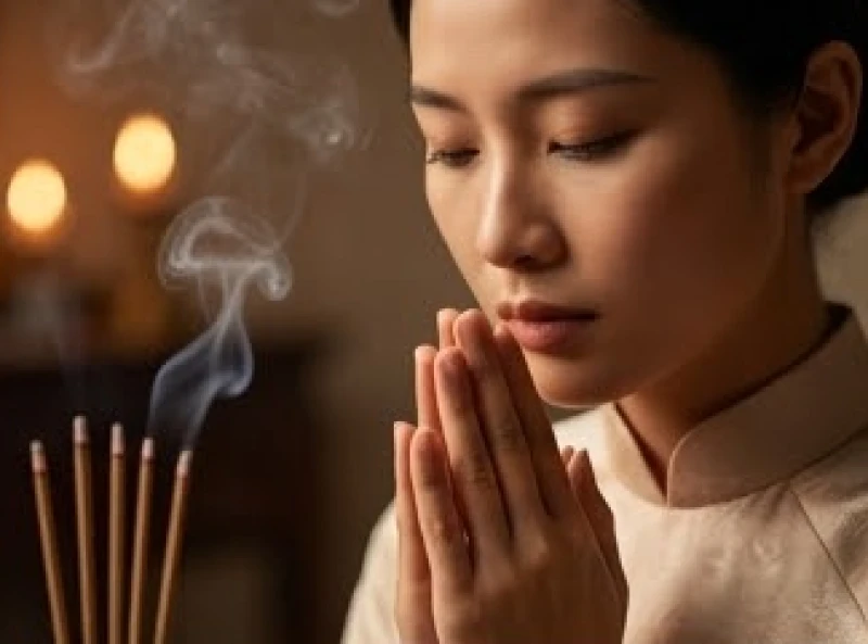 Người chủ lễ đang nhắm hờ mắt, chắp tay ngang ngực và chậm rãi đọc từng câu khấn trước làn khói hương