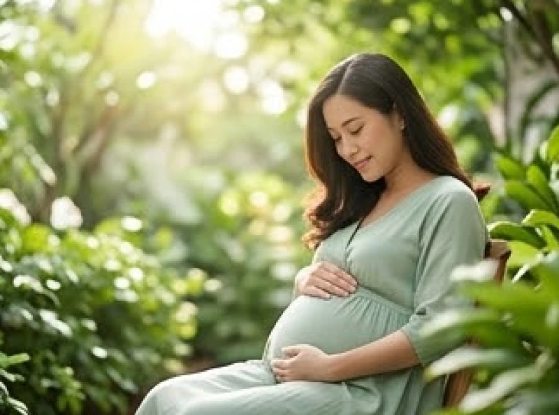 Thai phụ thong thả dạo bước và thư giãn trong khu vườn ngập tràn cây xanh