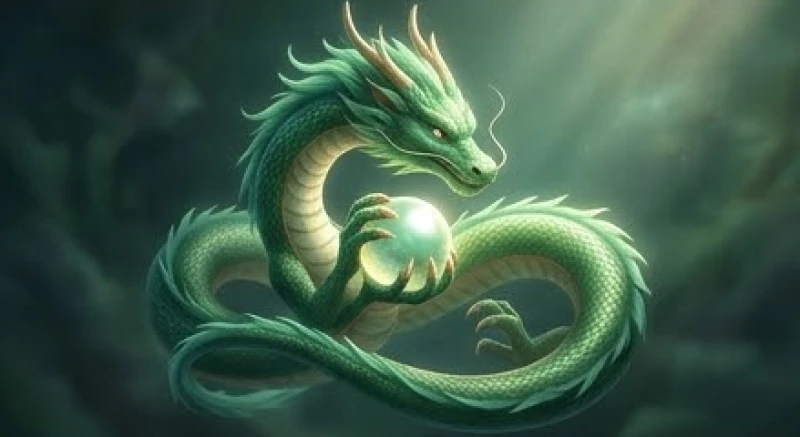 Con rồng xanh kích thước nhỏ nhắn vươn mình quấn quýt bảo vệ xung quanh một viên ngọc sáng