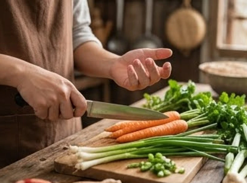 Người phụ nữ vô tình bị đứt tay nhẹ khi đang thái rau củ trong không gian bếp gia đình