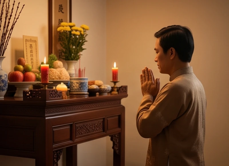 Người tuổi Mùi đang chắp tay cầu nguyện trước ban thờ để hóa giải sao hạn và Trực Thái Tuế