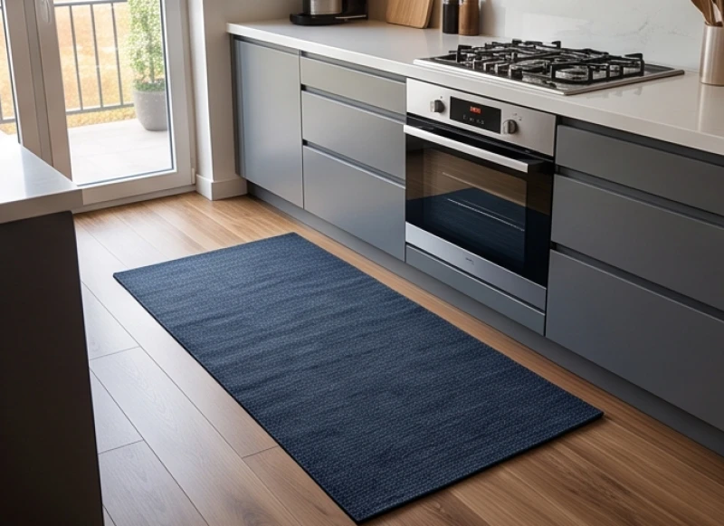 Hướng bếp hợp tuổi Tý: chuẩn nam nữ 5 can chi & quy tắc bố trí 9 Tấm thảm trải sàn màu xanh dương đặt dưới chân khu vực bếp nấu tại chung cư