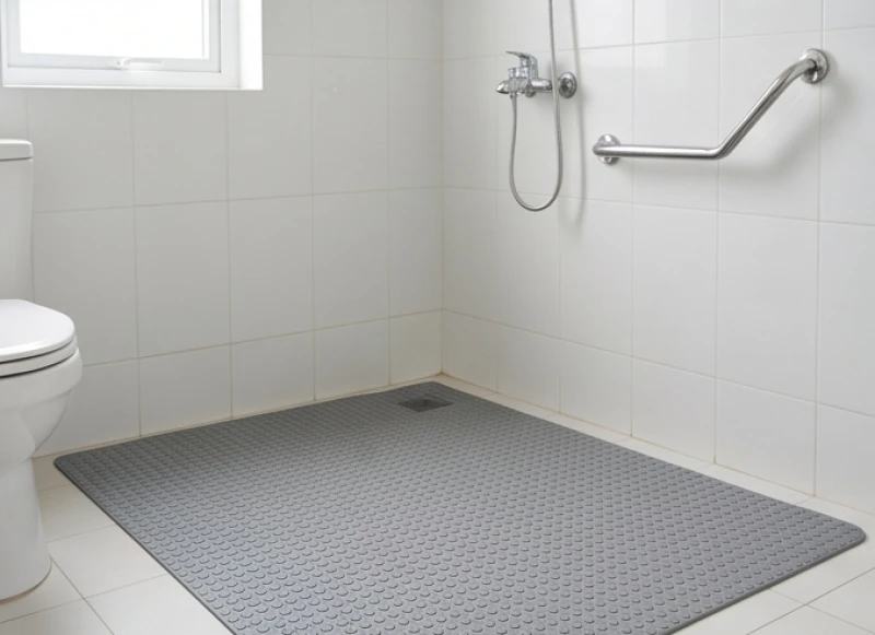 Tấm thảm cao su chống trượt được trải gọn gàng trên sàn nhà tắm kèm theo thanh vịn inox gắn tường