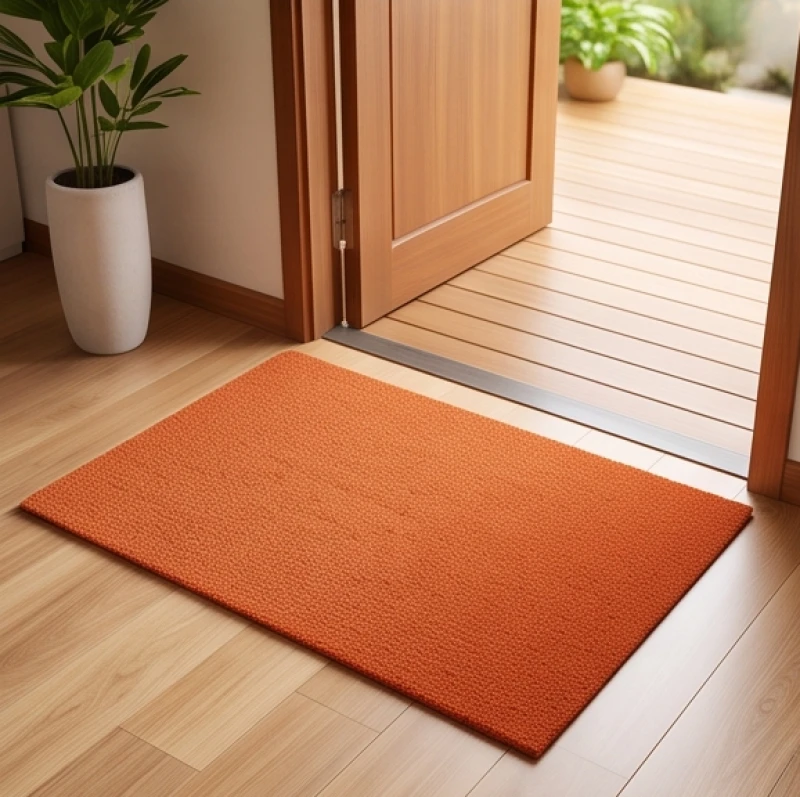 Thảm chùi chân phong thủy màu đỏ cam đặt trước hiên nhà đón khách