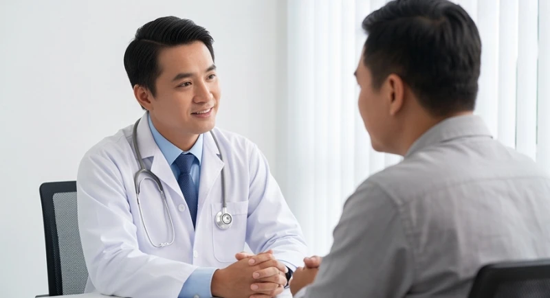 Bác sĩ đang tư vấn cho bệnh nhân nam về các dấu hiệu cảnh báo nguy hiểm khi gặp tình trạng xuất huyết liên tục