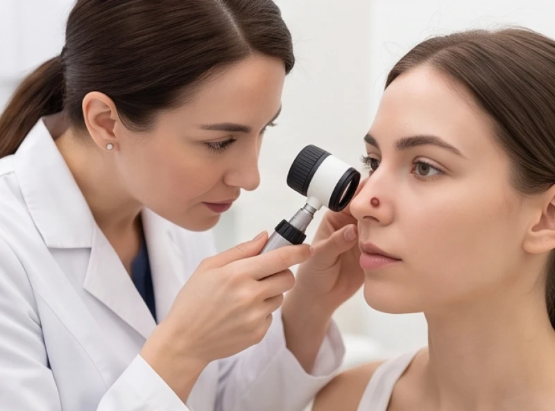 Nốt ruồi ở mũi nữ: Luận giải tướng số và hướng xử lý an toàn 7 Bác sĩ da liễu đang soi da và kiểm tra bề mặt nốt ruồi hắc tố lớn trên mũi bệnh nhân nữ