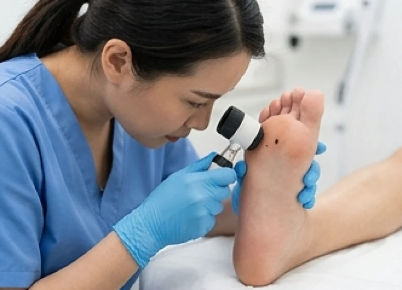Bác sĩ da liễu đang kiểm tra nốt ruồi ở lòng bàn chân bằng thiết bị chuyên dụng