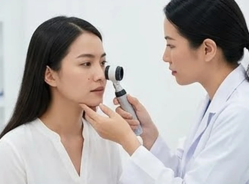 Nốt ruồi ở má gần mũi: Tướng số nam nữ & bảng giá tẩy y khoa 1 Bác sĩ da liễu đang soi da kiểm tra chi tiết nốt ruồi ở má gần mũi cho khách hàng nữ