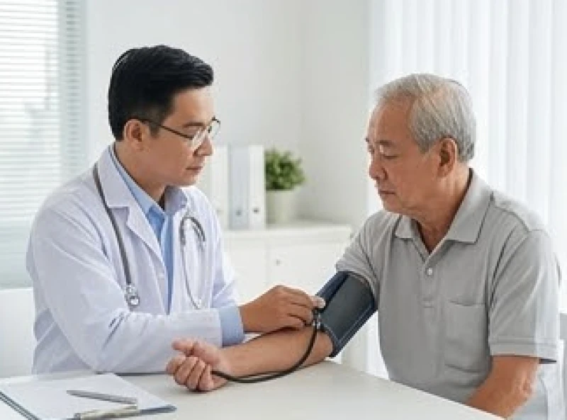 Bác sĩ đang cẩn thận đo huyết áp cho một nam bệnh nhân lớn tuổi tại phòng y tế