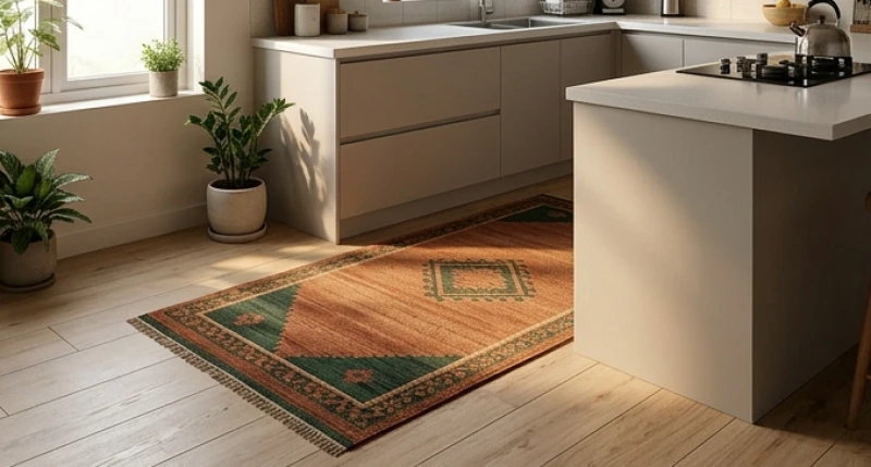 Thảm trải sàn màu vàng đất được đặt tại lối vào gian bếp để khắc chế luồng khí xấu thuộc hành Thủy