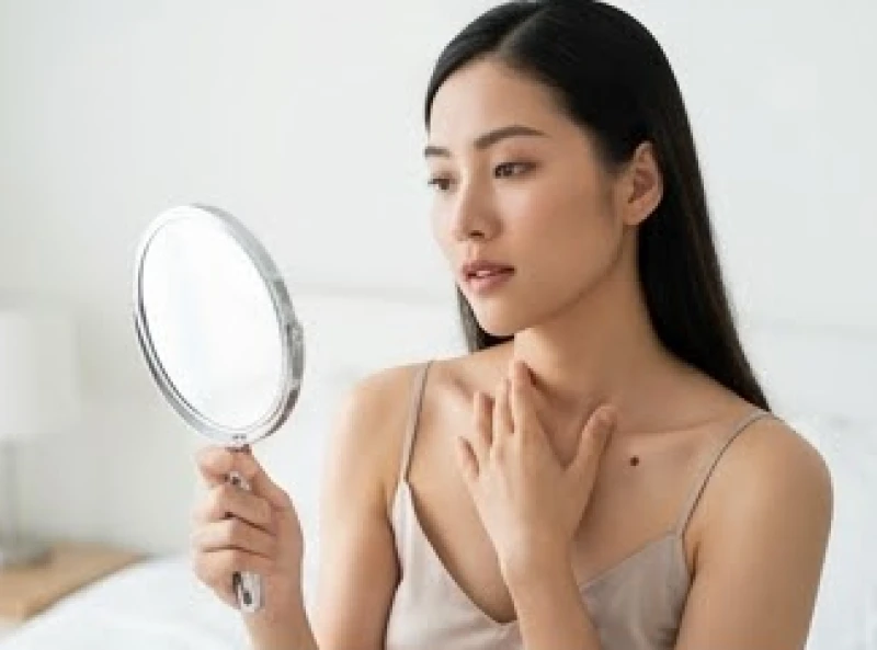 Soi gương kiểm tra tính thẩm mỹ của nốt ruồi quanh khu vực xương quai xanh