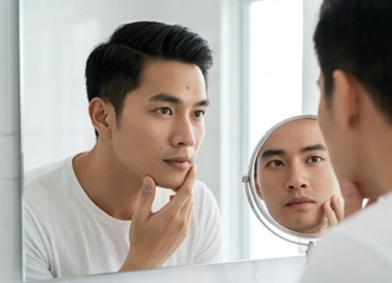 Nốt ruồi trên mặt đàn ông giàu sang: 5 vị trí vàng & cách đánh giá 9 Nam giới kiểm tra làn da và nốt ruồi trước gương bằng thiết bị chiếu sáng chuyên dụng