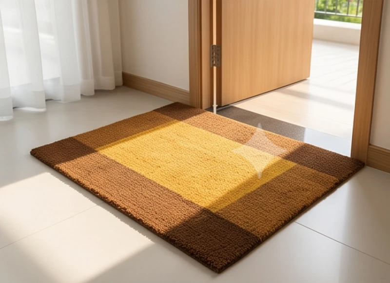 Thảm trải sàn màu nâu vàng đặt ngay bậc thềm cửa chính để ngăn chặn luồng khí xấu
