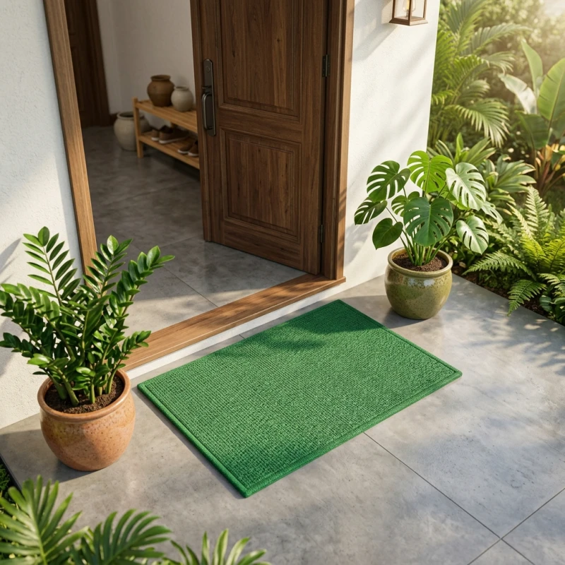 Số nhà hợp tuổi Sửu: Cách tính cộng dồn và hóa giải tương khắc 8 Tấm thảm lau chân màu xanh lục được đặt ngay ngắn trước ngưỡng cửa chính