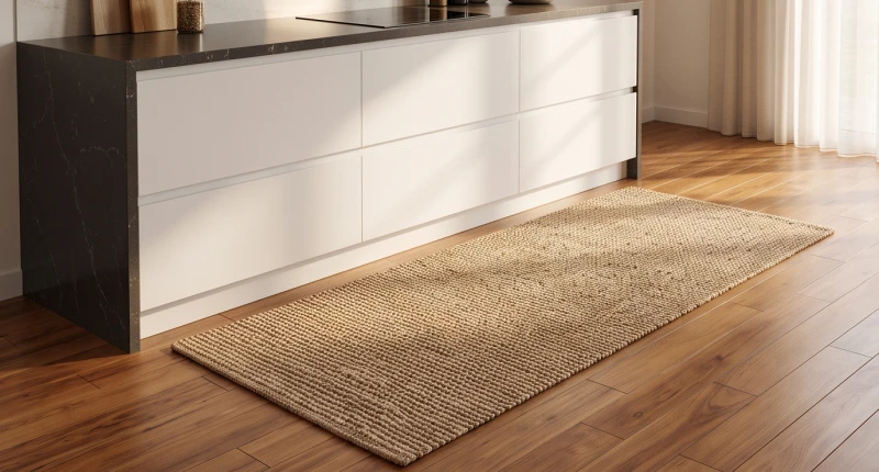Hướng bếp hợp tuổi Sửu: Số đo Lỗ Ban và vật phẩm hóa giải 12 Tấm thảm trải sàn tối màu đặt trước khu vực bếp nấu giúp hóa giải năng lượng xấu