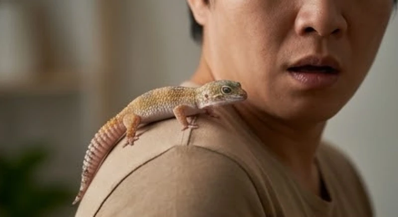 Con thằn lằn nhỏ rơi xuống vai một người đang ngồi làm việc trong sự ngỡ ngàng.