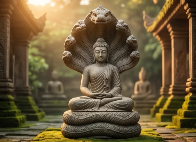 Hình tượng thần rắn Muchalinda cuộn mình che chở mưa gió cho Đức Phật đang ngồi thiền