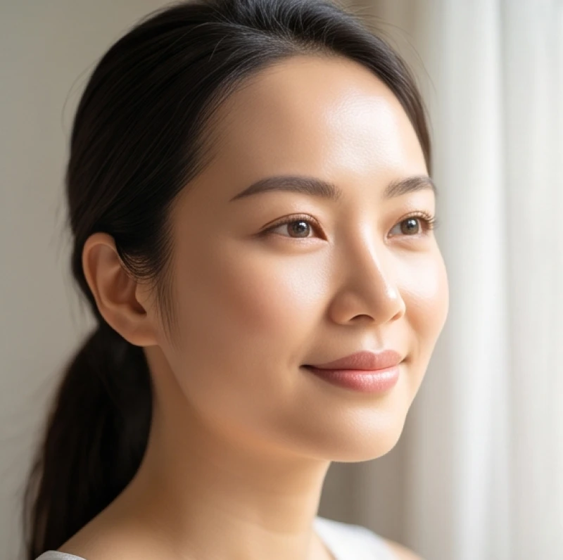 Khuôn mặt rạng rỡ với ánh mắt trong trẻo và vùng ấn đường sáng mịn của người phụ nữ