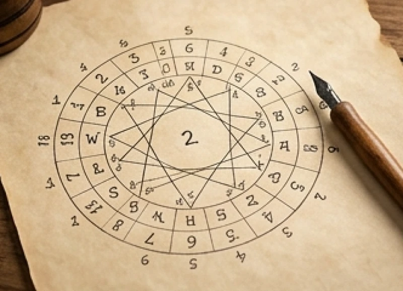 Bảng quy đổi chữ cái thành các con số pythagoras trên nền giấy da minh họa cho thần số học