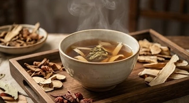 Chén thuốc thảo mộc đông y nghi ngút khói tượng trưng cho việc chăm sóc thể trạng trong những tháng âm khí vượng