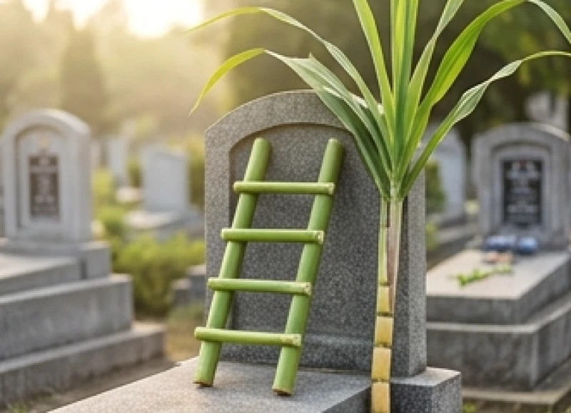 Chiếc thang nhỏ làm từ bẹ chuối tươi và cây mía lau nguyên ngọn được đặt tựa vào bia mộ
