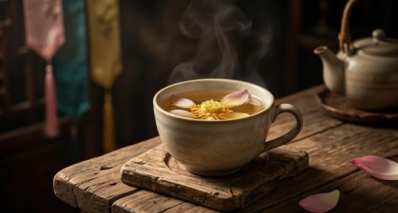 Khung cảnh tĩnh lặng với một ly trà sen đặt trên bàn gỗ mang lại sự an tâm giữa những muộn phiền