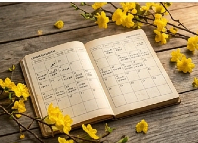 Tuổi Sửu nên cưới vào năm nào: Ma trận chọn năm & tháng tốt 8 Sổ tay ghi chú chi tiết lịch âm dương với hoa mai vàng trang trí, đánh dấu các khoảng thời gian đẹp nhất để tổ chức rước dâu