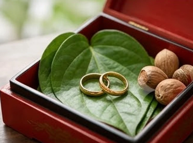 Cặp nhẫn cưới lấp lánh đặt trên chiếc khay trầu cau truyền thống chuẩn bị cho nghi thức rước dâu