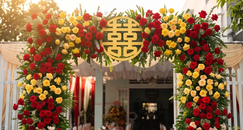 Tuổi Tỵ Nên Cưới Vào Năm Nào: Cách Chọn Năm Và Tháng Đại Lợi 13 Chữ hỷ màu vàng dán trên cổng hoa cưới rực rỡ trong tháng đại lợi của nữ tuổi Tỵ