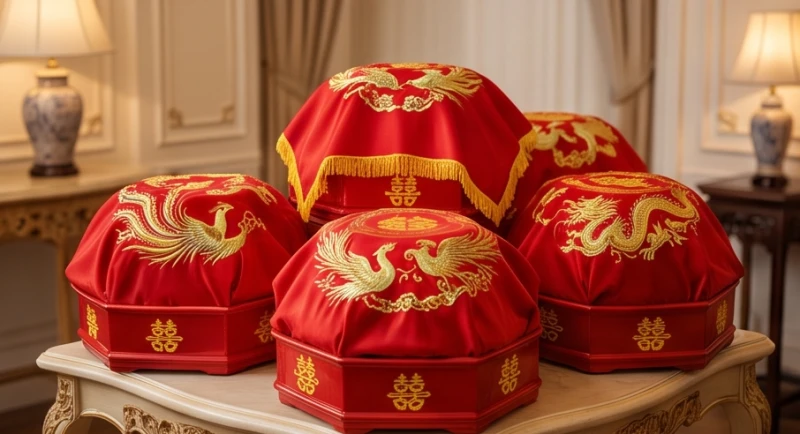 Tráp cưới màu đỏ phủ khăn voan thêu chỉ vàng đặc trưng cho những tháng đại lợi mang lại vượng khí phu thê