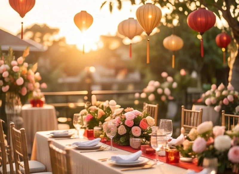 Bữa tiệc cưới được trang hoàng rực rỡ ngoài trời trong tháng Đại Lợi thời tiết đẹp
