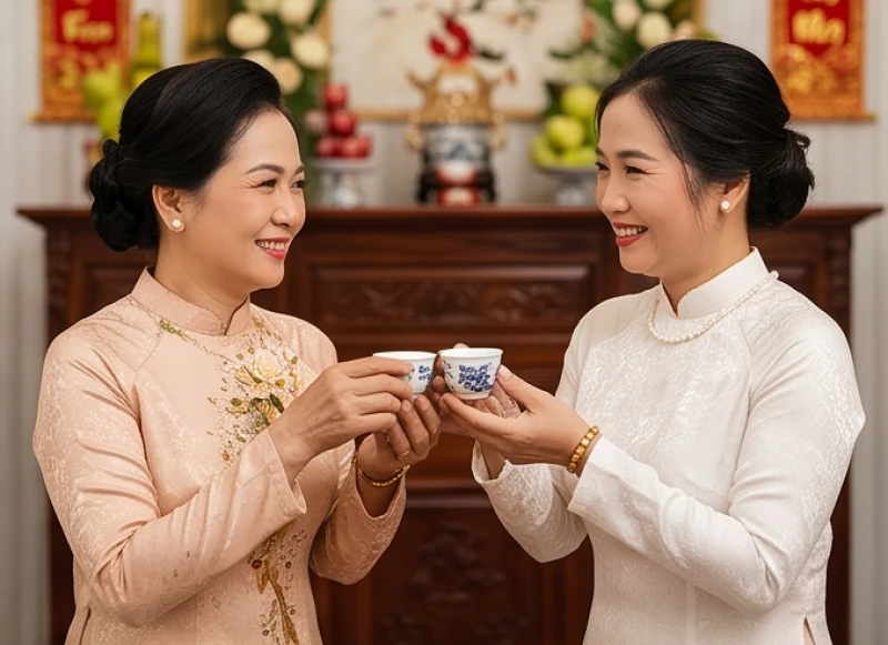Hai bà mẹ của cô dâu và chú rể tươi cười nâng ly trà chúc mừng trong ngày lễ ăn hỏi