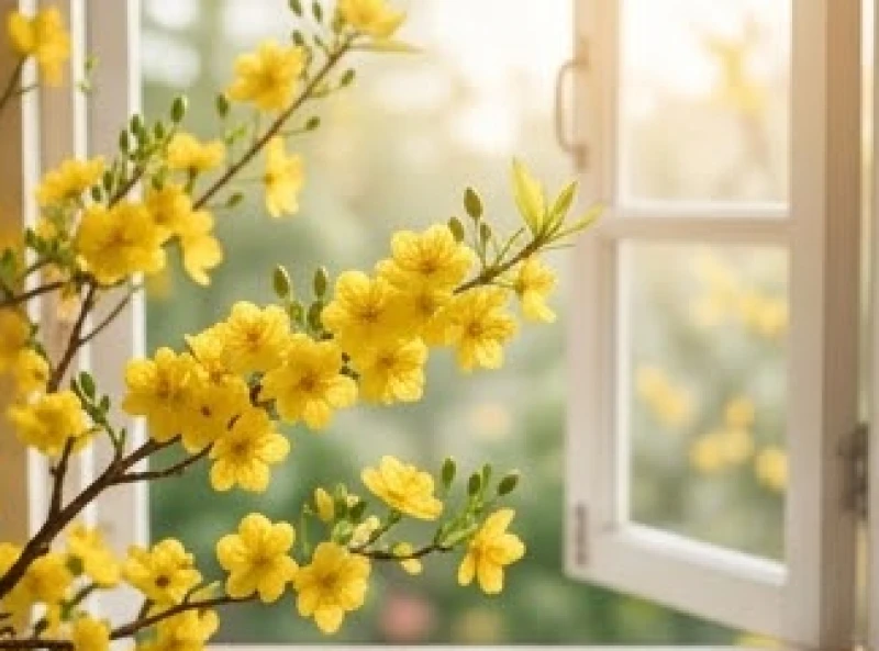 Tuổi Dần sinh con tháng nào tốt: chọn theo ngũ hành bố mẹ 2 Cành hoa mai vàng nở rộ bên khung cửa sổ ngập tràn ánh nắng mùa xuân