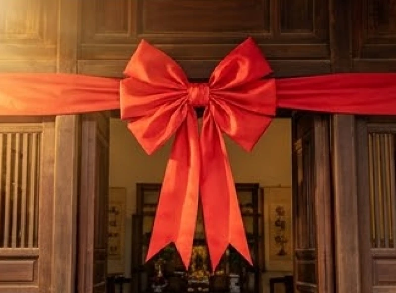 Lễ vật khai trương với dải lụa đỏ và mâm ngũ quả tươi sáng đặt trước cửa hàng trong ngày trực Thành