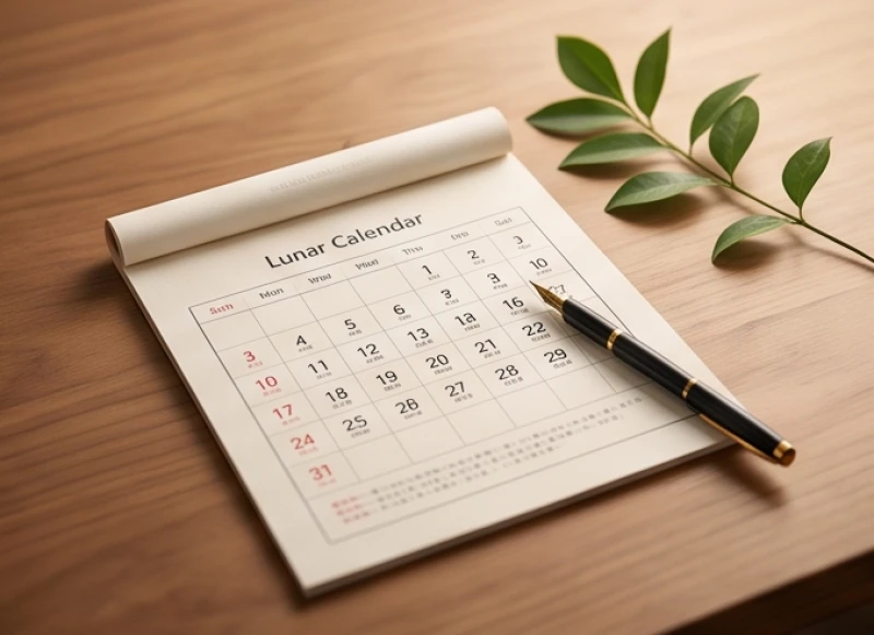 Cuốn lịch âm dương và cây bút mực đặt trên bàn gỗ biểu trưng cho thời điểm sinh đắc lệnh của bản mệnh