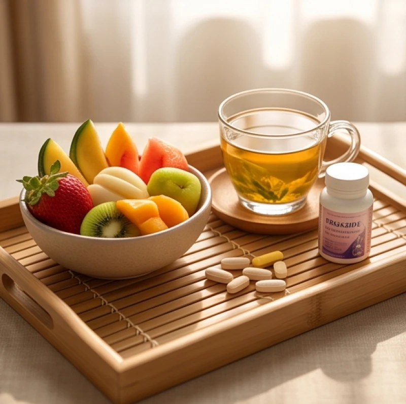 Chế độ dinh dưỡng với trà thảo dược và hoa quả tươi chuẩn bị cho quá trình thụ thai