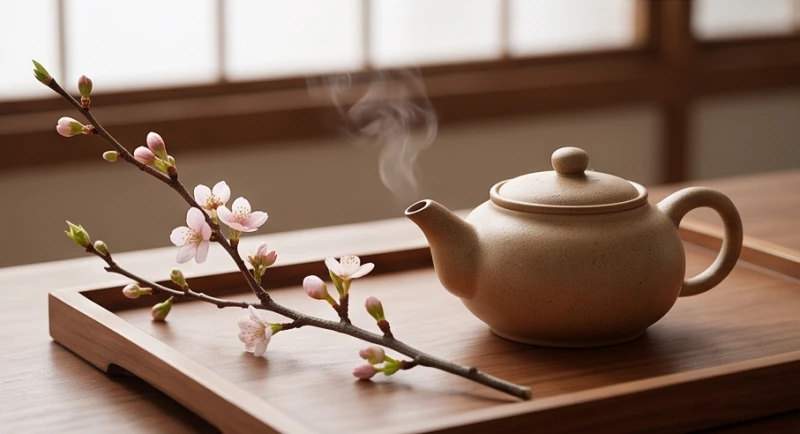 Khung cảnh bình trà ấm áp đặt cạnh nhánh cành đâm chồi vào đầu mùa xuân rực rỡ